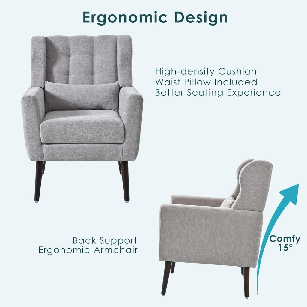 Chenille Upholstered Accent Chair with Pillow, Solid Wood Leg S498