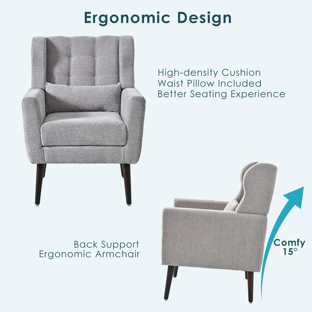 Chenille Upholstered Accent Chair with Pillow, Solid Wood Leg S498