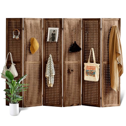 Natural Solid Wood 4 Panel Room Divider with Shelves and 16 Hooks G785734