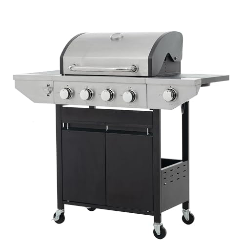 4 Burner Gas Grill with Side Burner, Stainless Steel Propane BBQ Grill with Built in Thermometer A240658