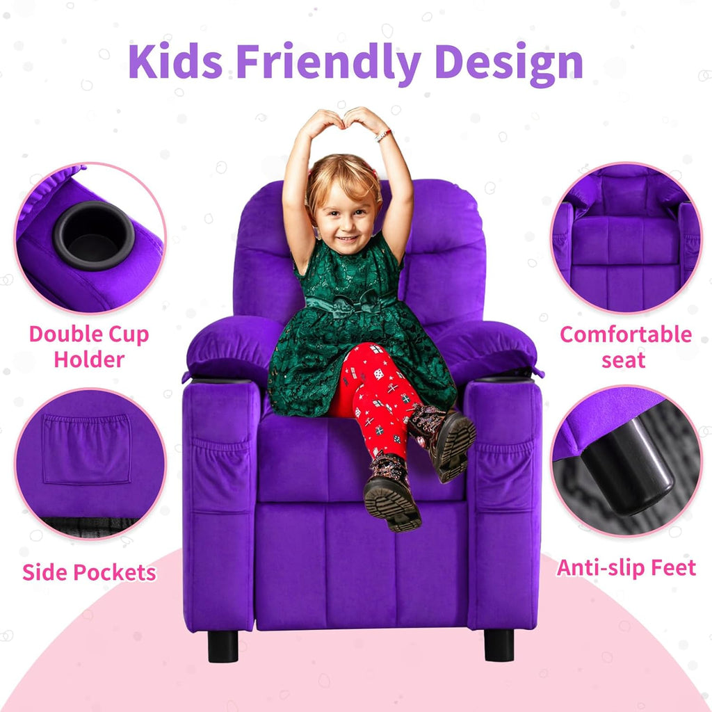 Purple Velvet Toddlers Kids Recliner Chair with Cup Holder D52587