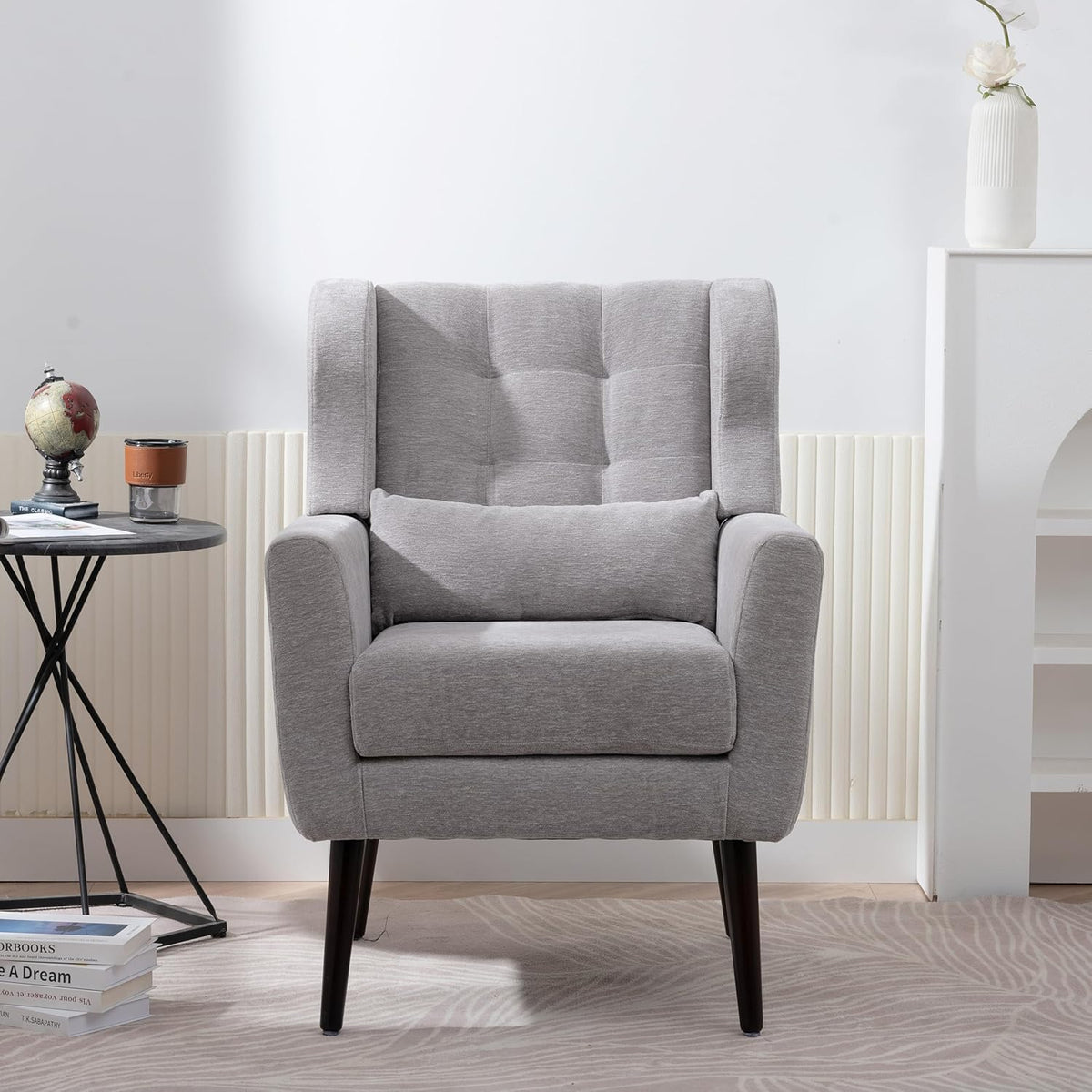 Chenille Upholstered Accent Chair with Pillow, Solid Wood Leg S498