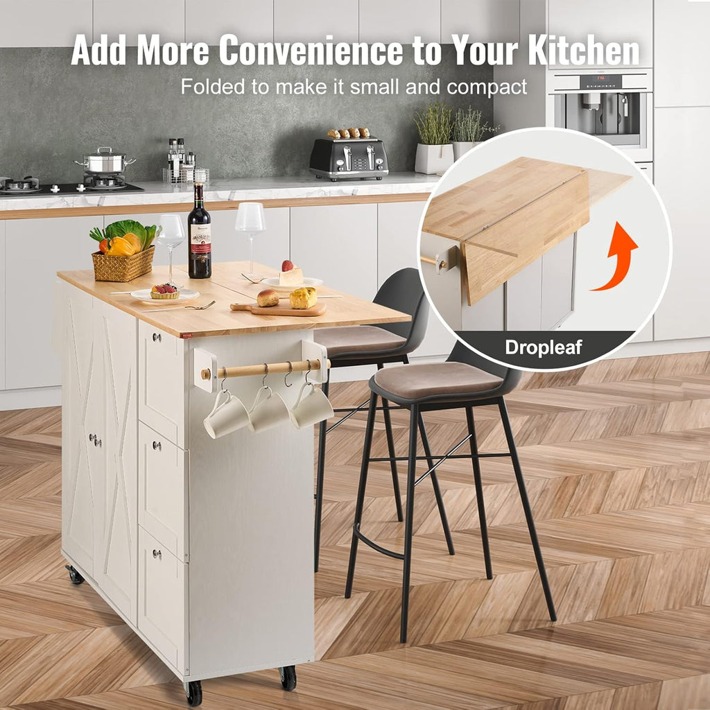 White Solid Wood Top Kitchen Island Cart with Storage Cabinet and Drop Leaf X7786