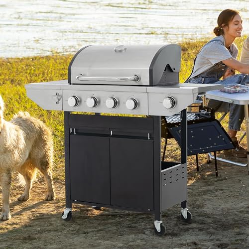 4 Burner Gas Grill with Side Burner, Stainless Steel Propane BBQ Grill with Built in Thermometer A240658