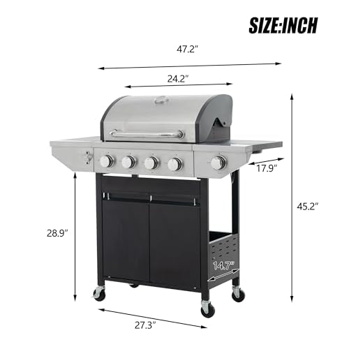 4 Burner Gas Grill with Side Burner, Stainless Steel Propane BBQ Grill with Built in Thermometer A240658