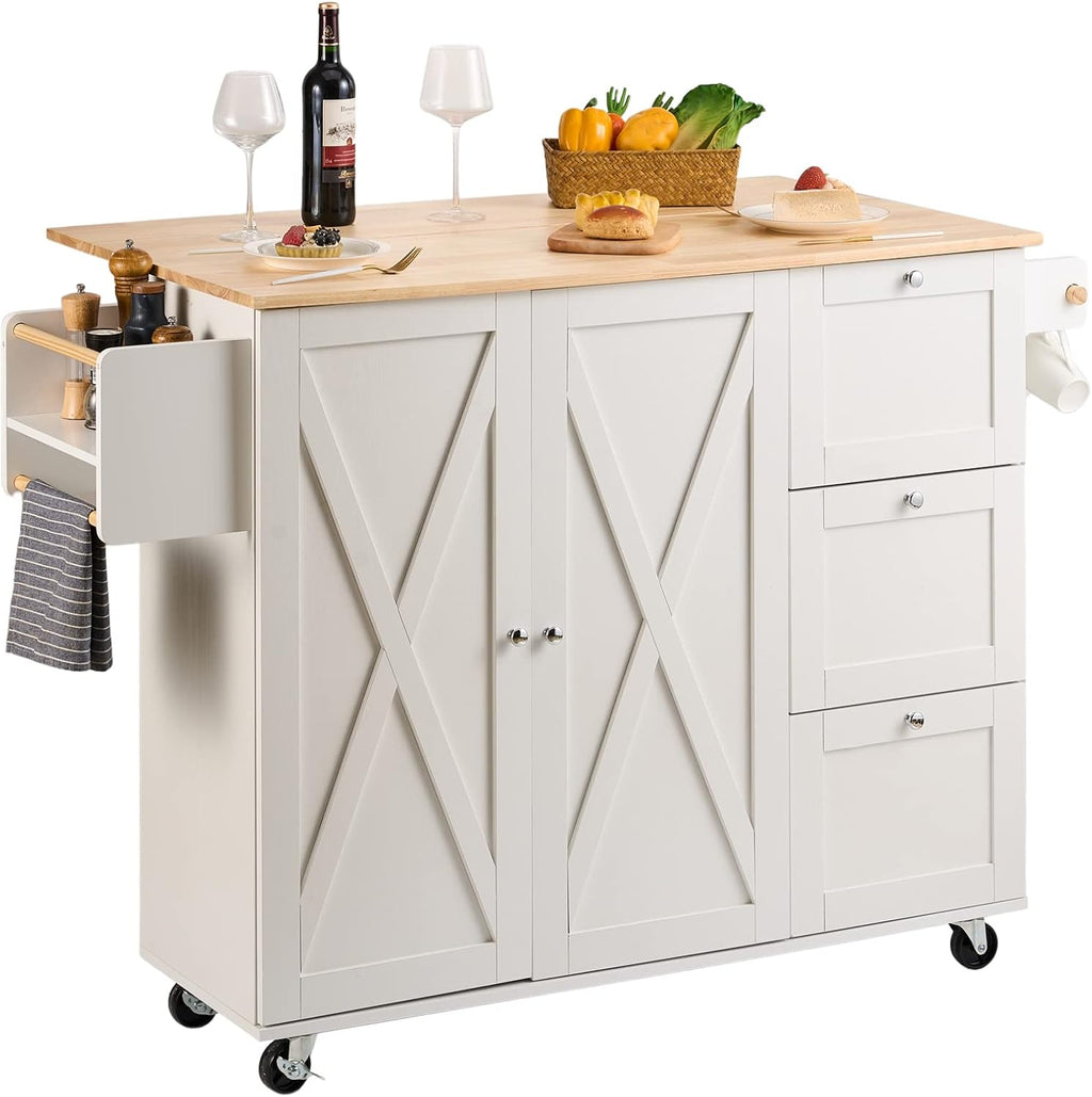 White Solid Wood Top Kitchen Island Cart with Storage Cabinet and Drop Leaf X7786