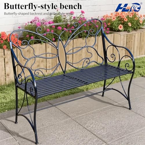 Black Cast Iron Metal Outdoor Bench with Armrests V929901