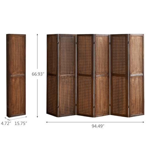 Natural Solid Wood 4 Panel Room Divider with Shelves and 16 Hooks G785734