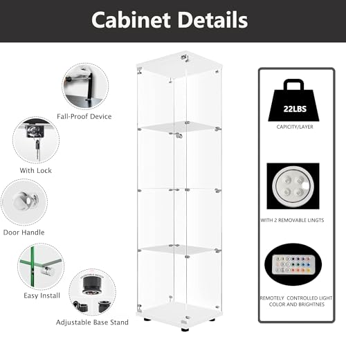 4-Tier Glass Display Cabinet with Metal Lock, 5mm Tempered Glass, 16.7" W x 14.3" D x 64.5" H E15291