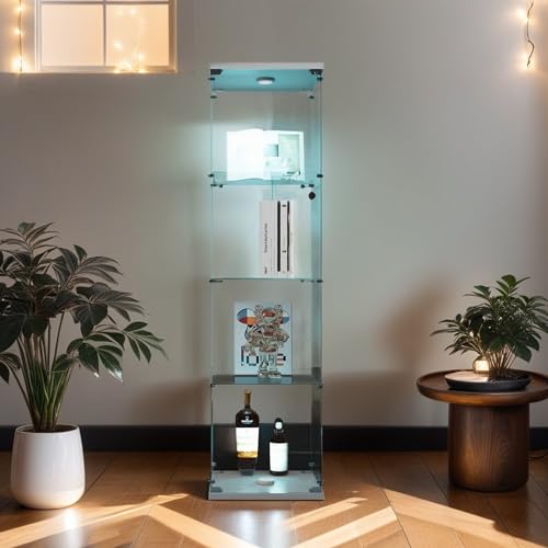 4-Tier Glass Display Cabinet with Metal Lock, 5mm Tempered Glass, 16.7" W x 14.3" D x 64.5" H E15291