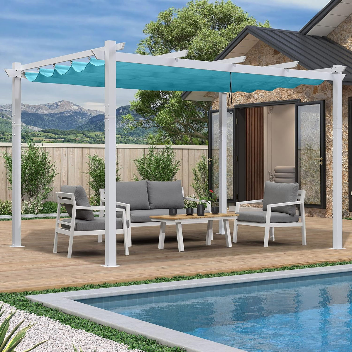 10' x 13' Outdoor Retractable Aluminum White Pergola with Sun Shade Canopy R74569
