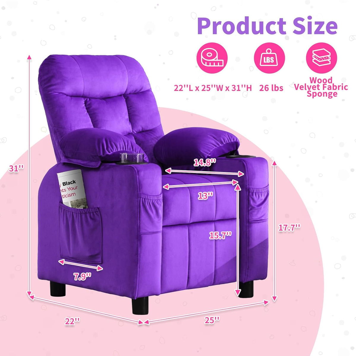 Purple Velvet Toddlers Kids Recliner Chair with Cup Holder D52587
