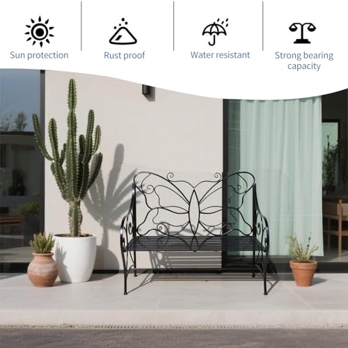 Black Cast Iron Metal Outdoor Bench with Armrests V929901
