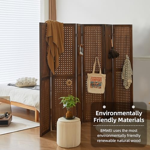 Natural Solid Wood 4 Panel Room Divider with Shelves and 16 Hooks G785734