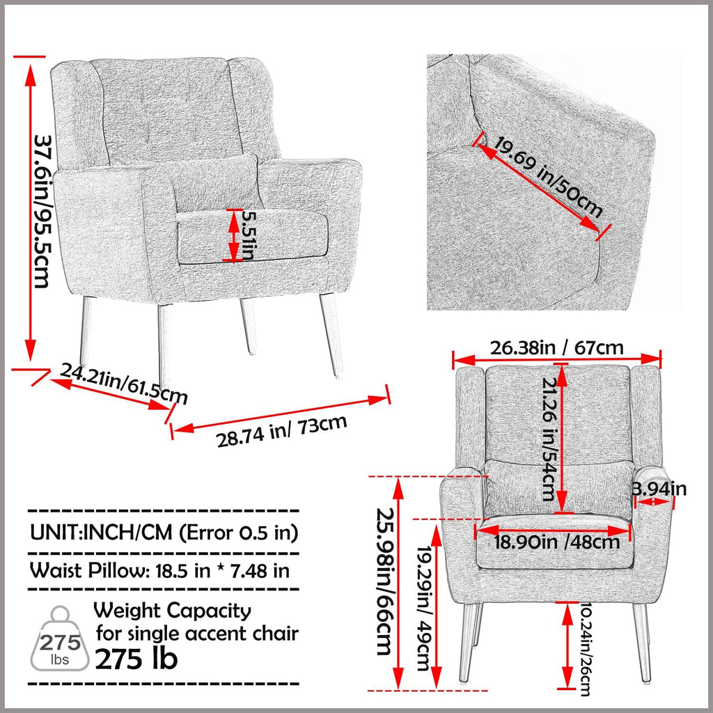 Chenille Upholstered Accent Chair with Pillow, Solid Wood Leg S498