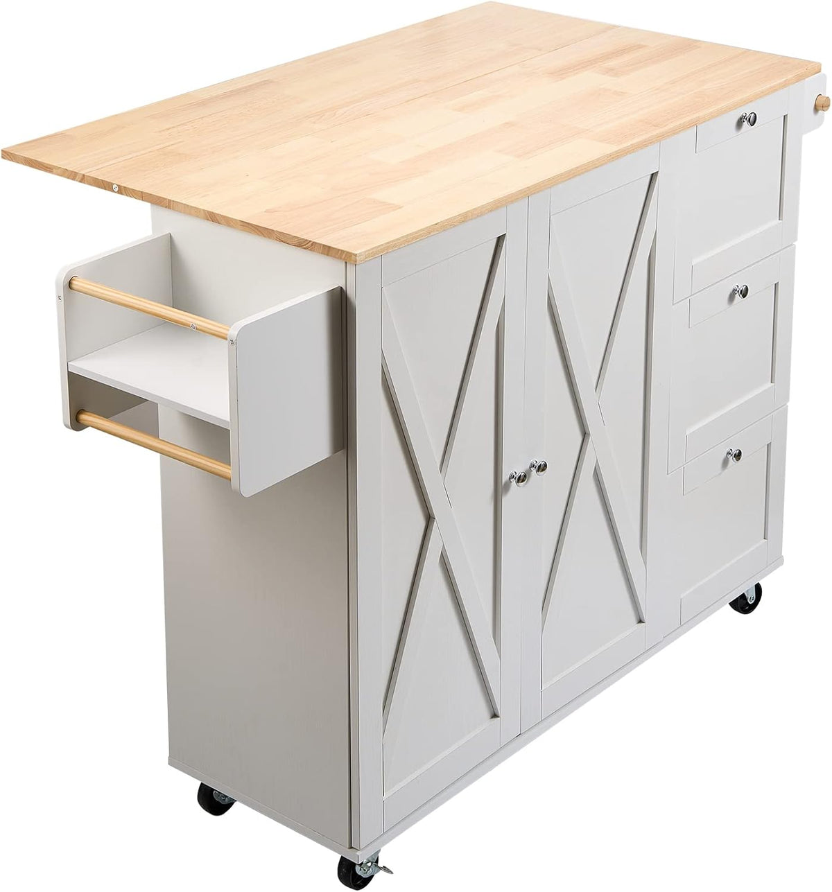 White Solid Wood Top Kitchen Island Cart with Storage Cabinet and Drop Leaf X7786
