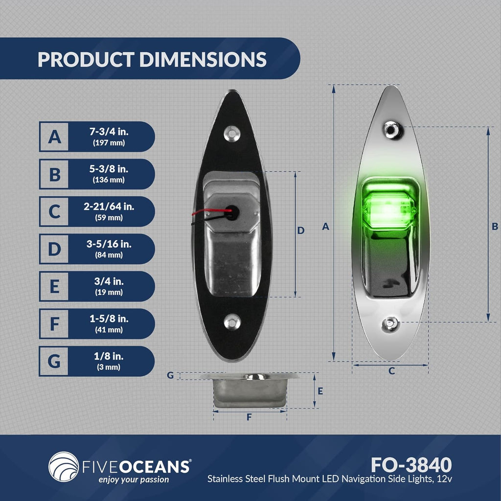 LED Navigation Side Lights, Green and Red, Stainless Steel, 12 Volts G595