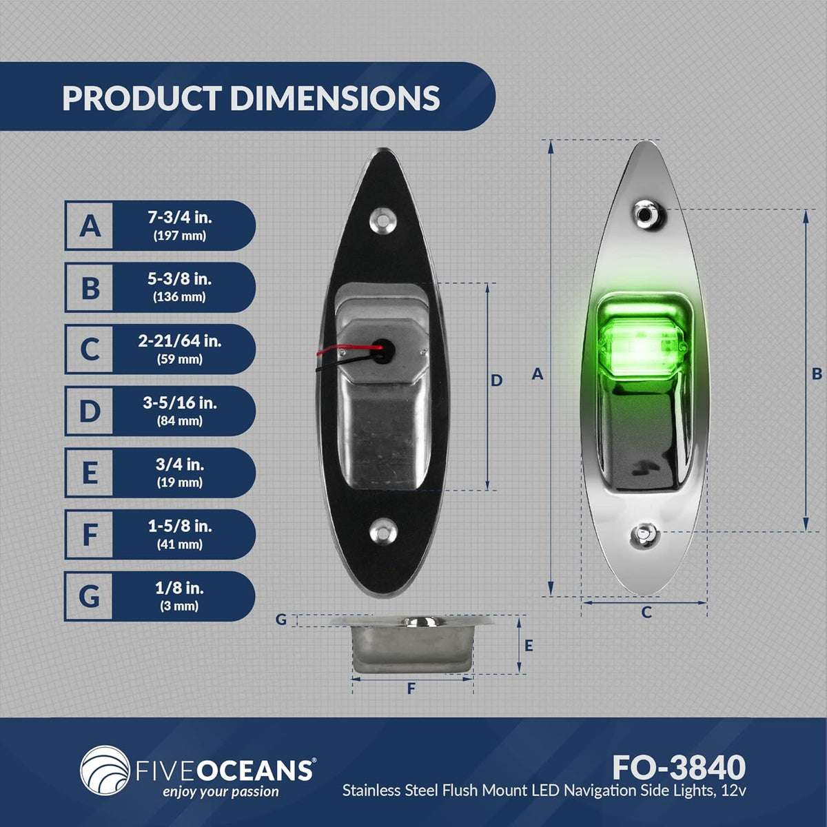LED Navigation Side Lights, Green and Red, Stainless Steel, 12 Volts G595