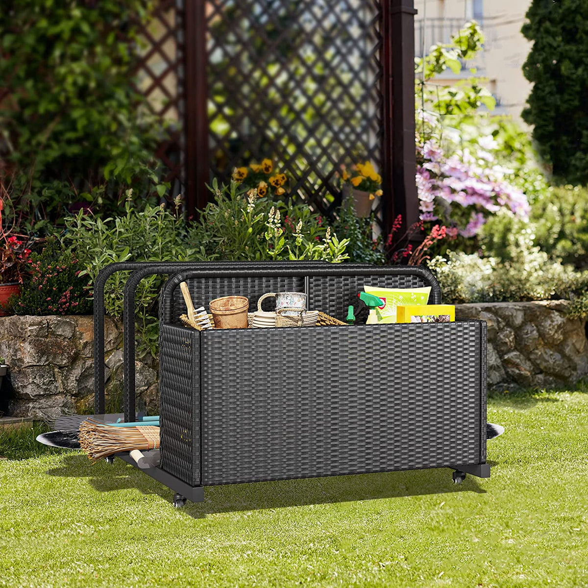 Black PE Rattan Deck Box with Rolling Wheels D313