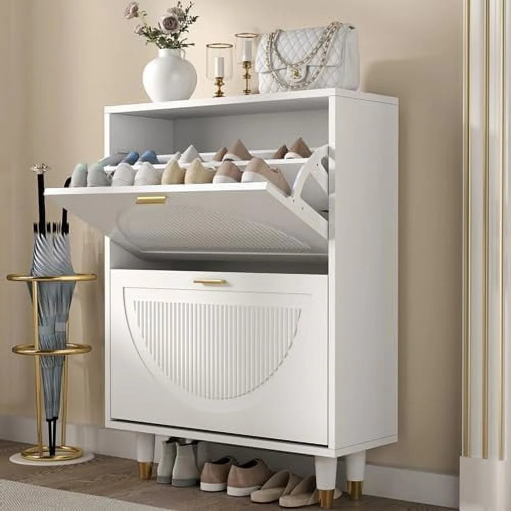 White Slim Narrow Shoe Cabinet with Doors 2 Flip Drawer O43575