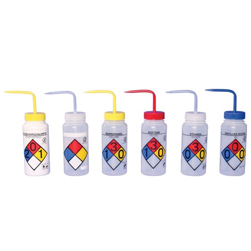 4-Color Wide-Mouth Wash Bottles, 500ml (16oz), Polyethylene, Pack of 4 Q86790