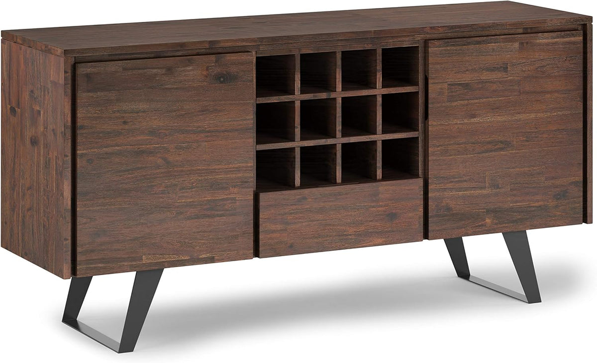 Rustic Natural Aged Brown Solid Acacia Wood and Metal Rectangle Sideboard Buffet with Storage Compartment and 3 Drawers Y9982