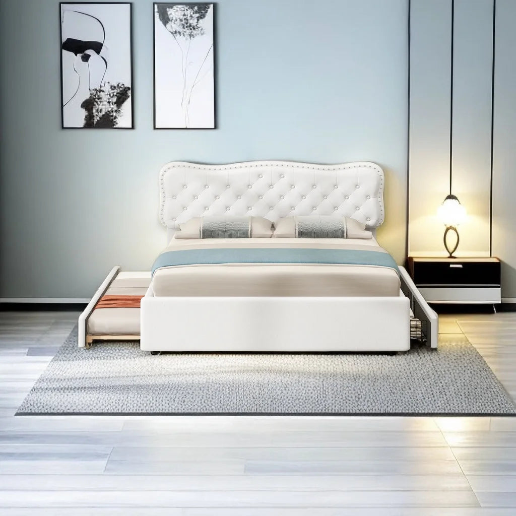 Queen Size Upholstery Platform Bed with 2 Storage Drawers and Trundle G553321