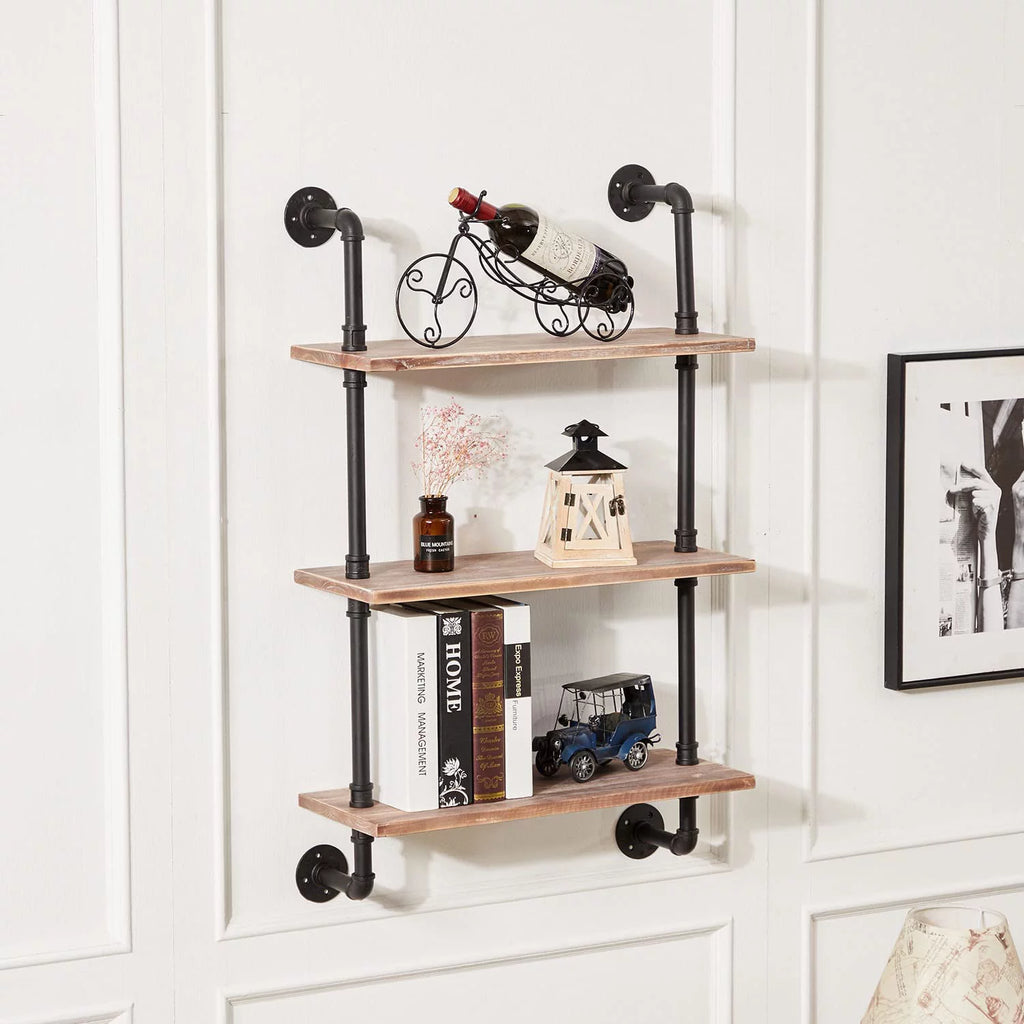 Industrial Pipe Real Wood Floating Wall Shelves 24 Inches B857