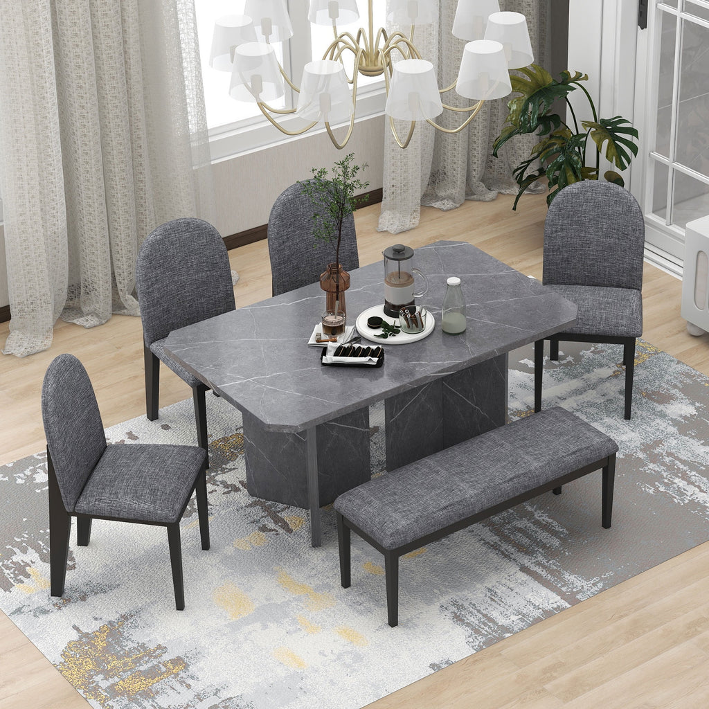 6-Piece Faux Marble Dining Set with 4 Chairs and 1 Bench V966115