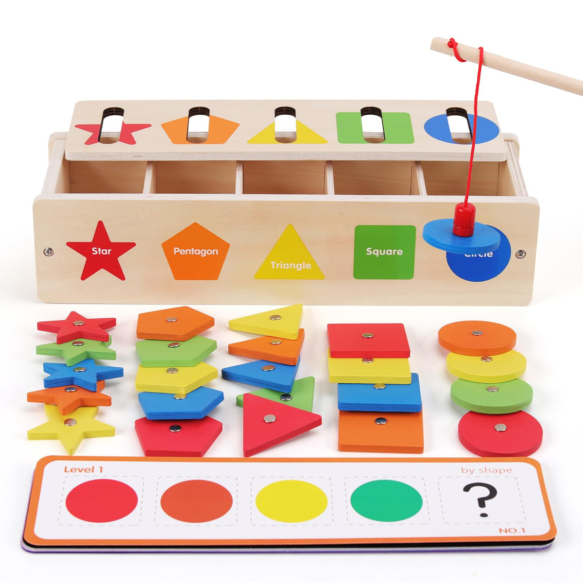 Wooden Shape Sorting Matching Box with Magnetic Fishing Game C68066