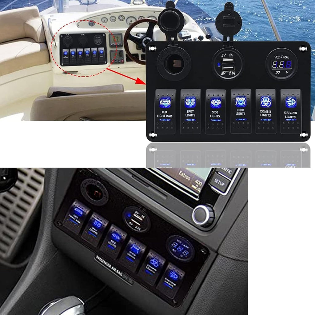 Waterproof Rocker Marine Switch Panel with USB, Blue LED, Pack of 2 G306