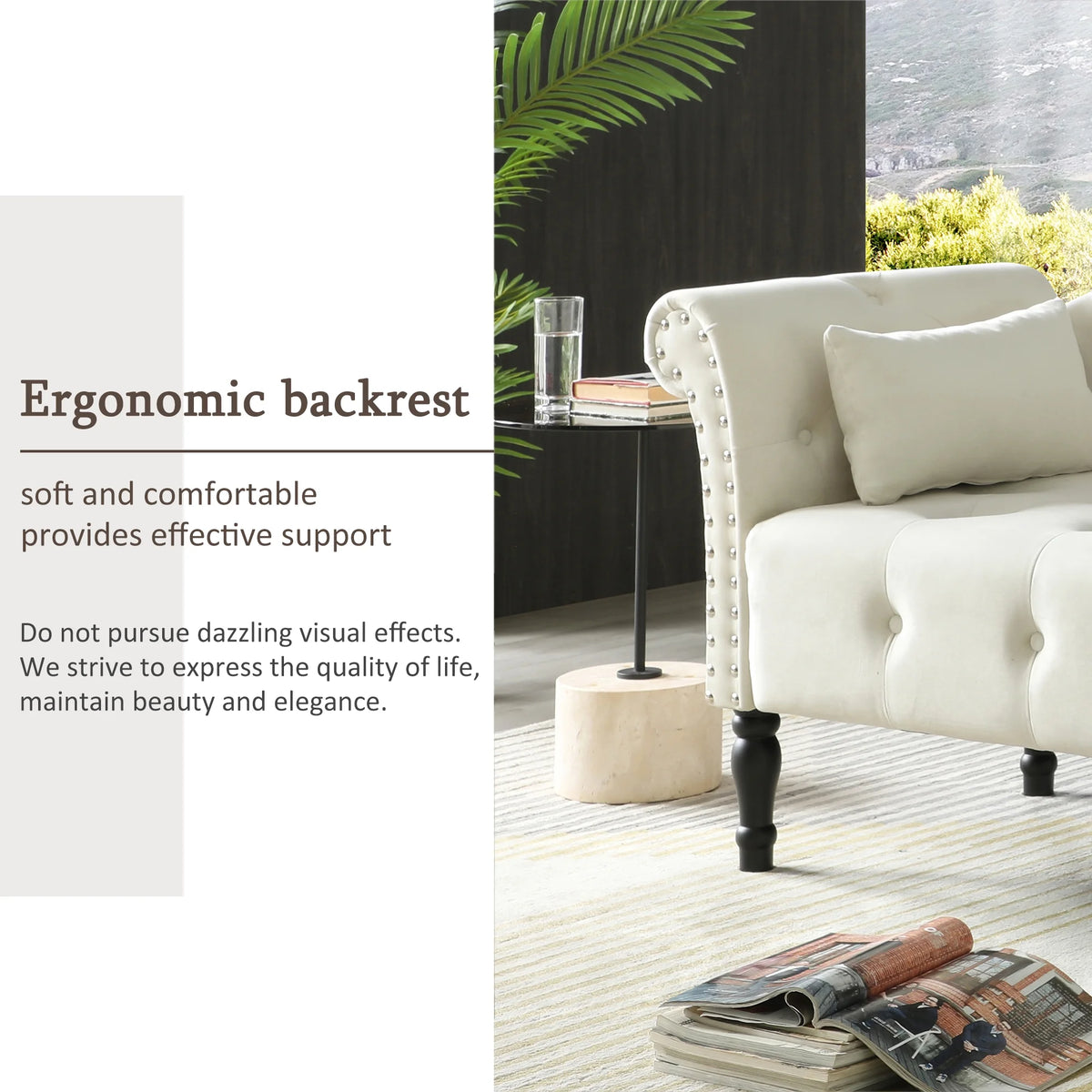 Modern Tufted Chaise Lounge Chair with Solid Wood Legs S8046