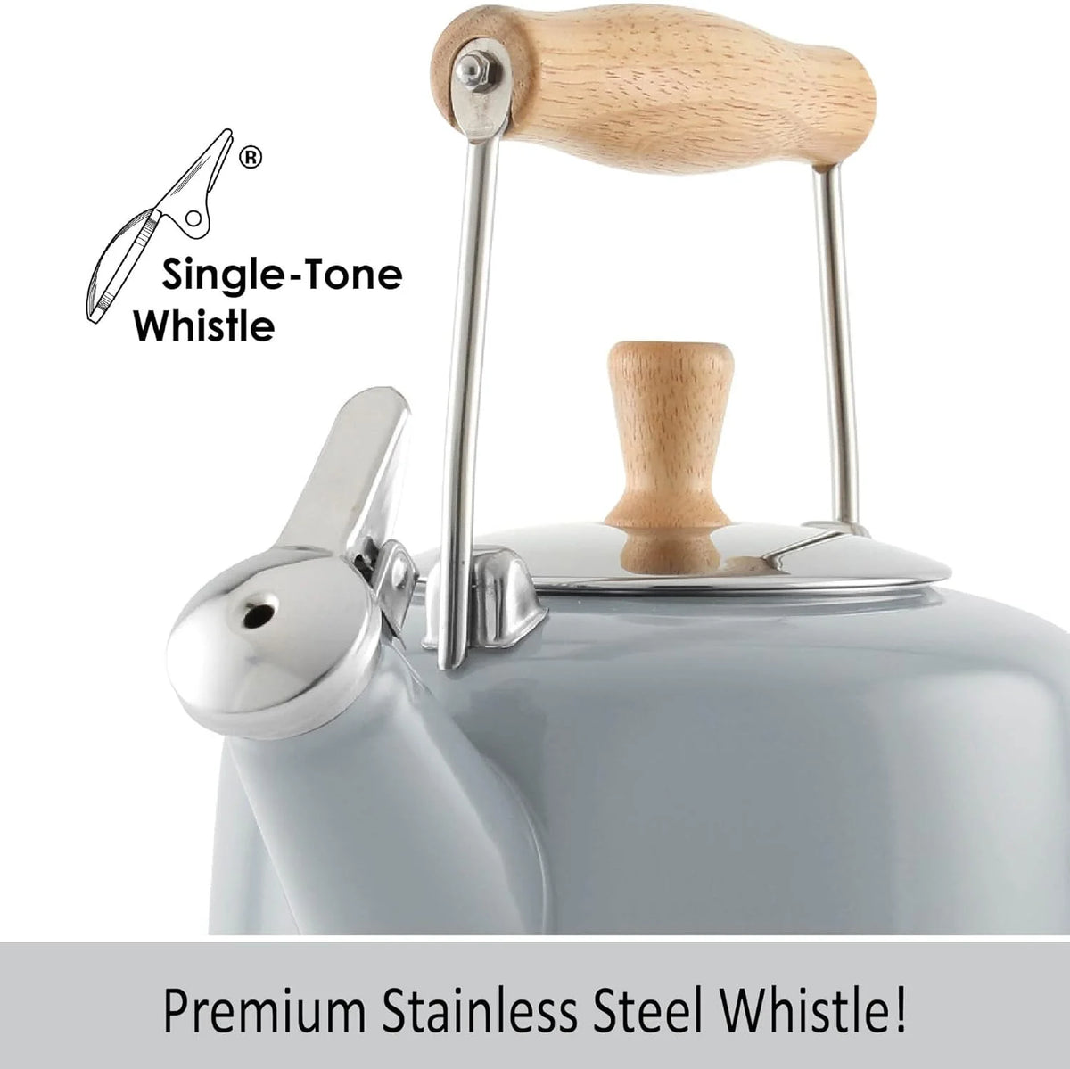 Enamel On Steel Whistling Teakettle with Wood Handle, 1.4 Quarts Q90381