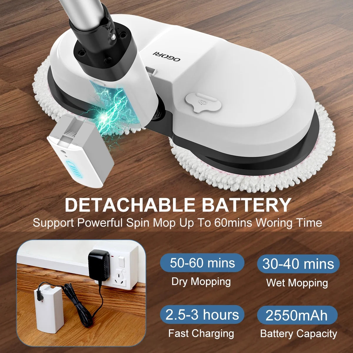 Cordless Electric Spin Mop with 300ml Water Tank and LED Headlight O88957