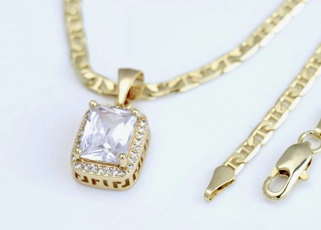 14K Bonded Gold Mariner Chain Necklace with Diamond Charm and Gift Box/Bag X3108