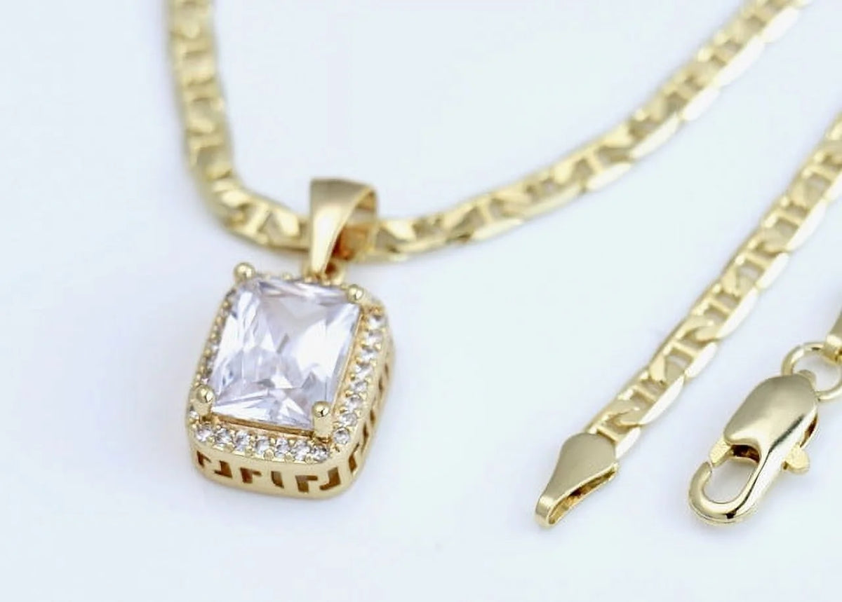 14K Bonded Gold Mariner Chain Necklace with Diamond Charm and Gift Box/Bag X3108