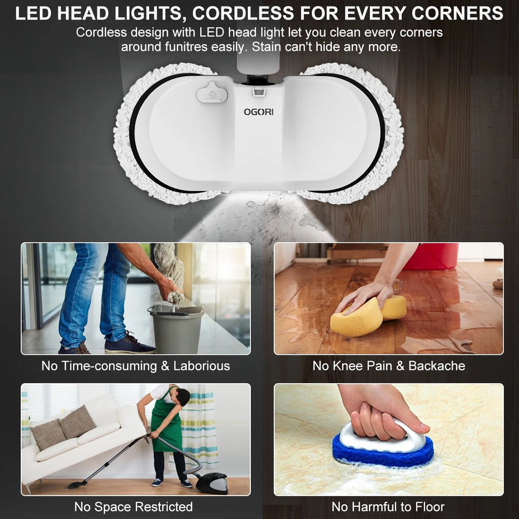 Cordless Electric Spin Mop with 300ml Water Tank and LED Headlight O88957