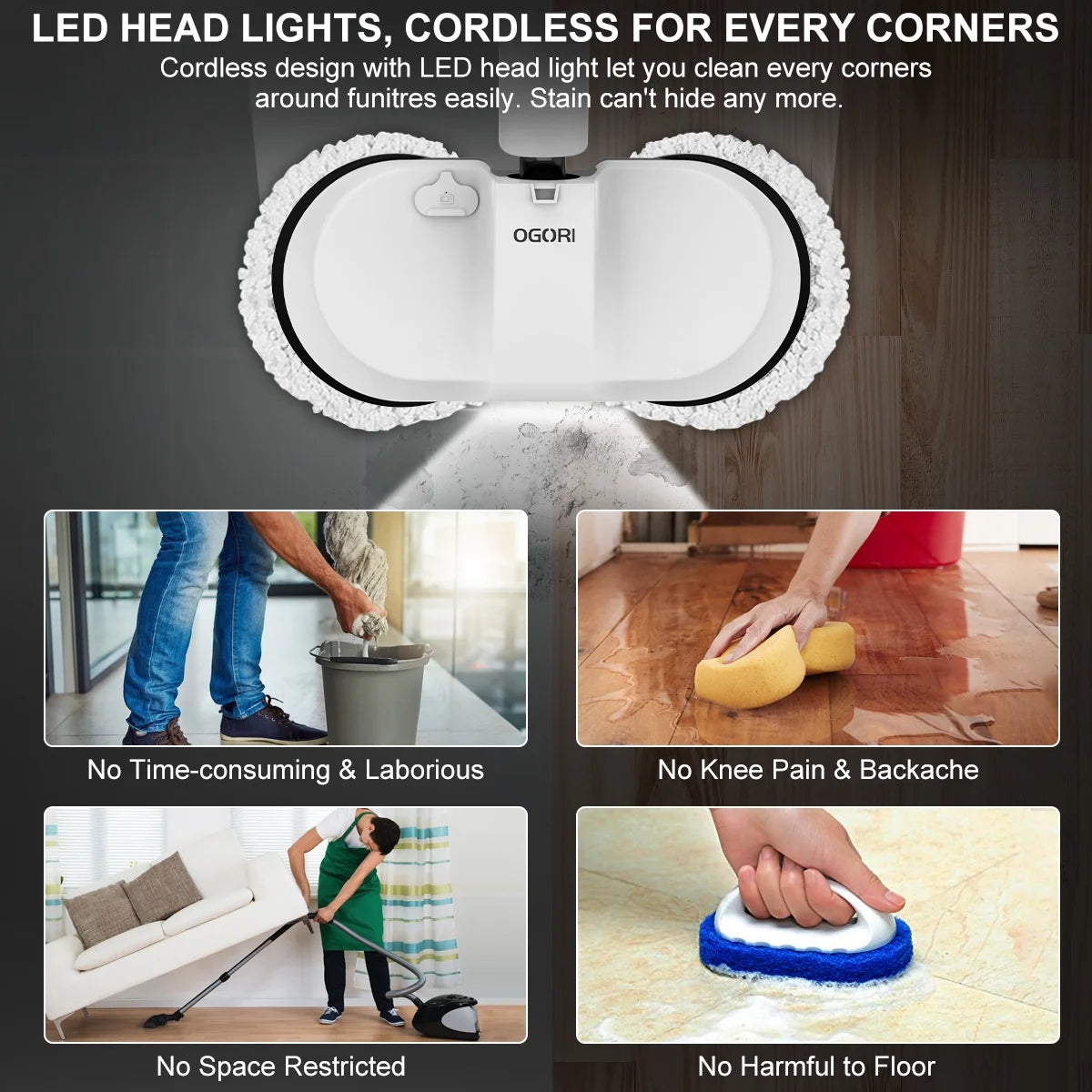 Cordless Electric Spin Mop with 300ml Water Tank and LED Headlight O88957