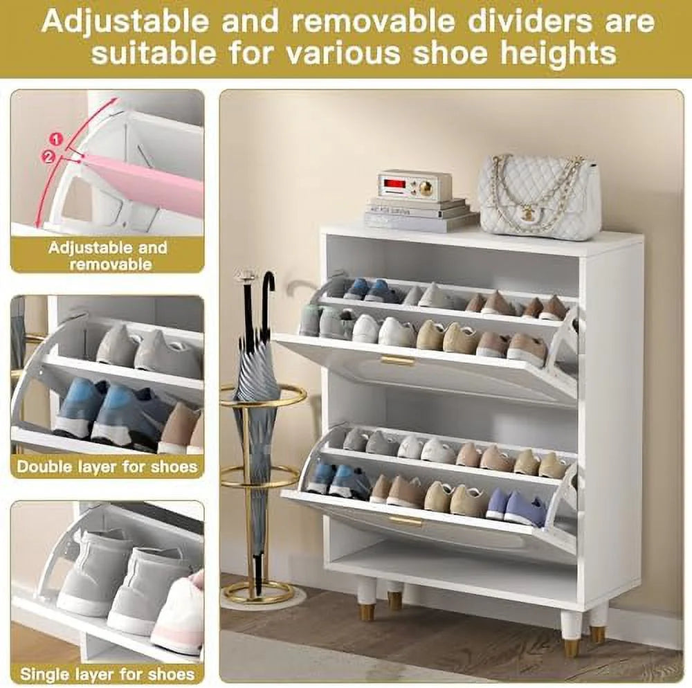 White Slim Narrow Shoe Cabinet with Doors 2 Flip Drawer O43575