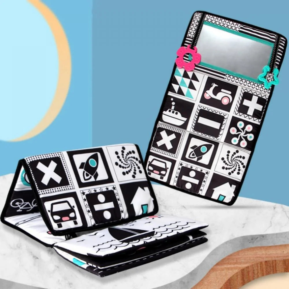 Tummy Time Floor Mirror with Crinkle Cloth Book and Teethers, High Contrast Black and White Baby Toys Y38661