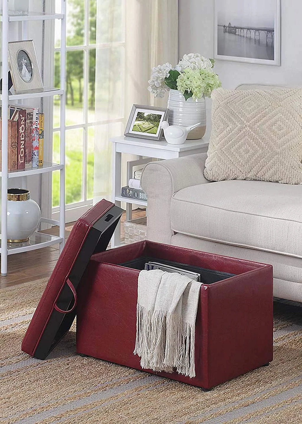 Burgundy Faux Leather Accent Storage Ottoman H34736