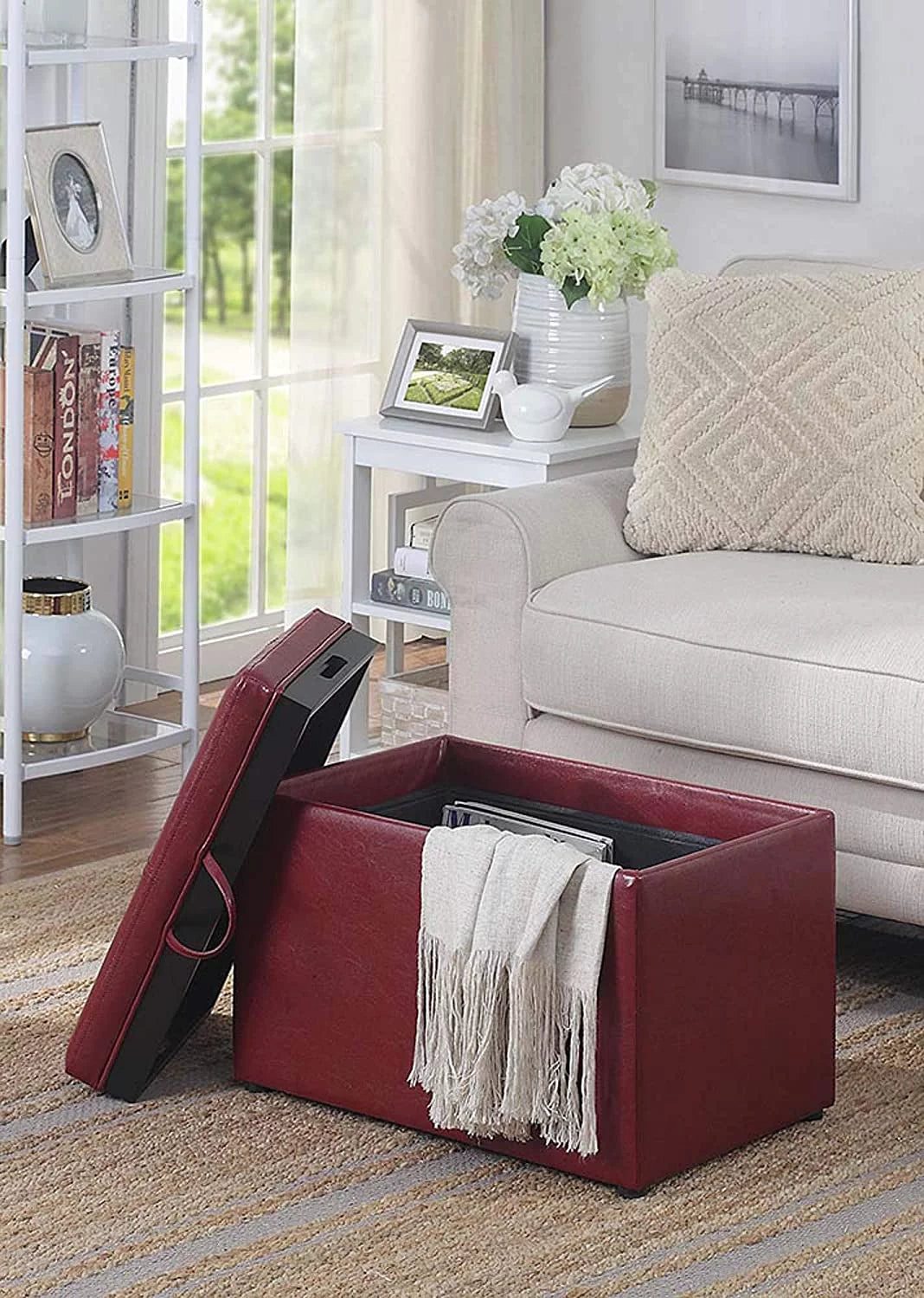 Burgundy Faux Leather Accent Storage Ottoman H34736