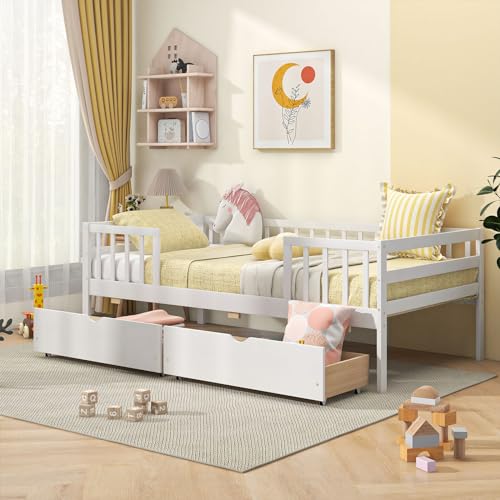 White Twin Wood Kids Bed with Storage Drawers X90657