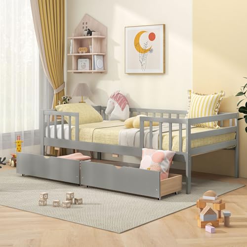 White Twin Wood Kids Bed with Storage Drawers X90657