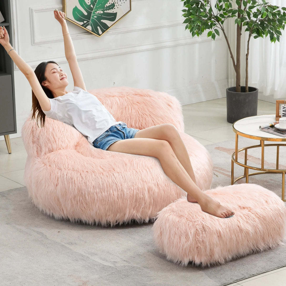 Fluffy Bean Bag Chair with Ottoman G95837