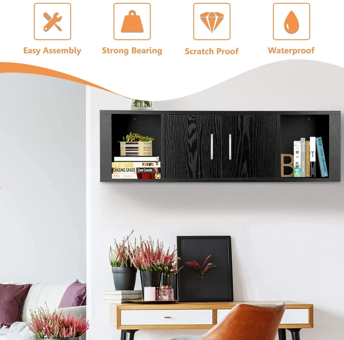 Black Wall Mounted Storage Cabinet with 2 Doors and 2 Open Shelves I211788