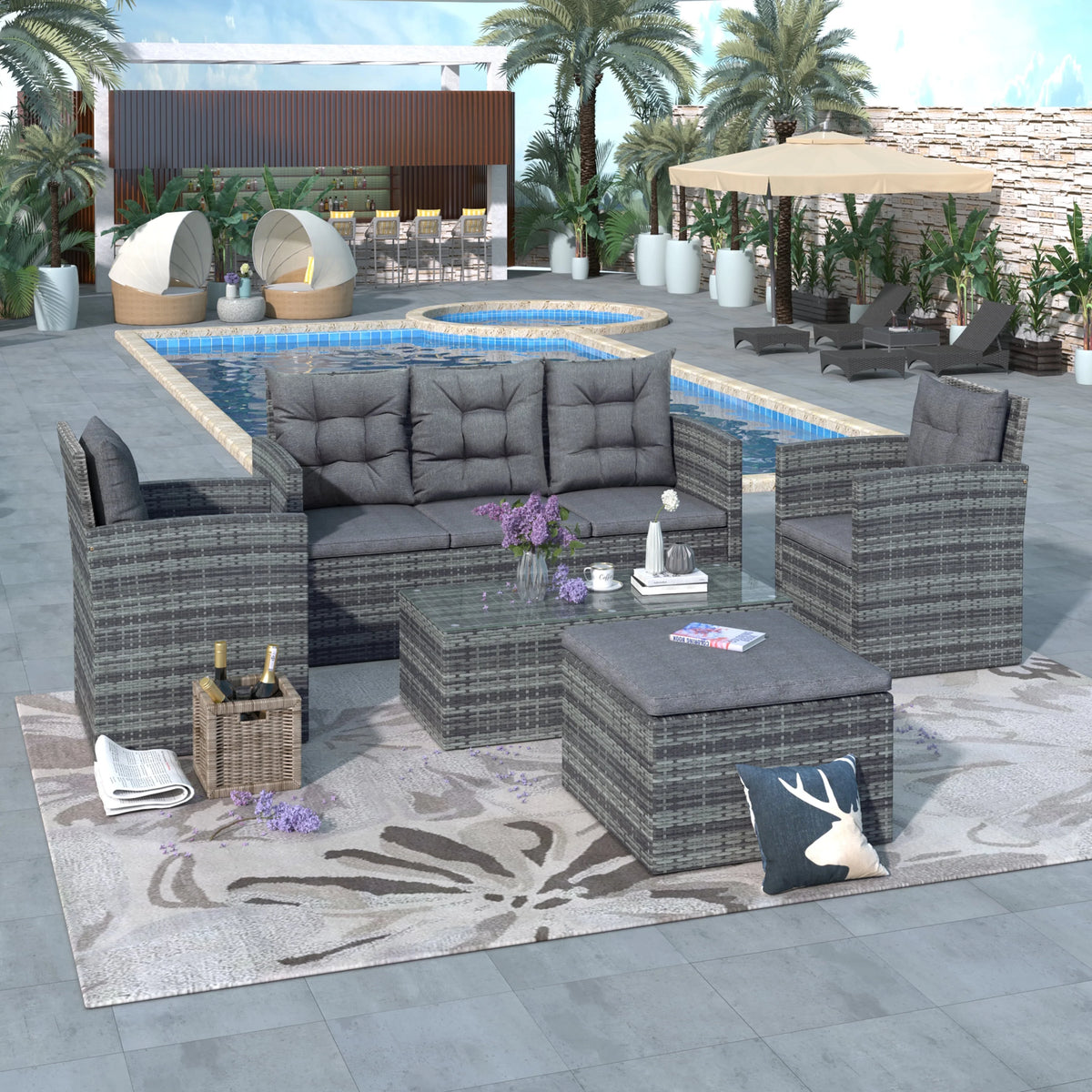 5-piece Outdoor Patio Sofa Set with Storage Bench PE Wicker Glass Table, Gray E925