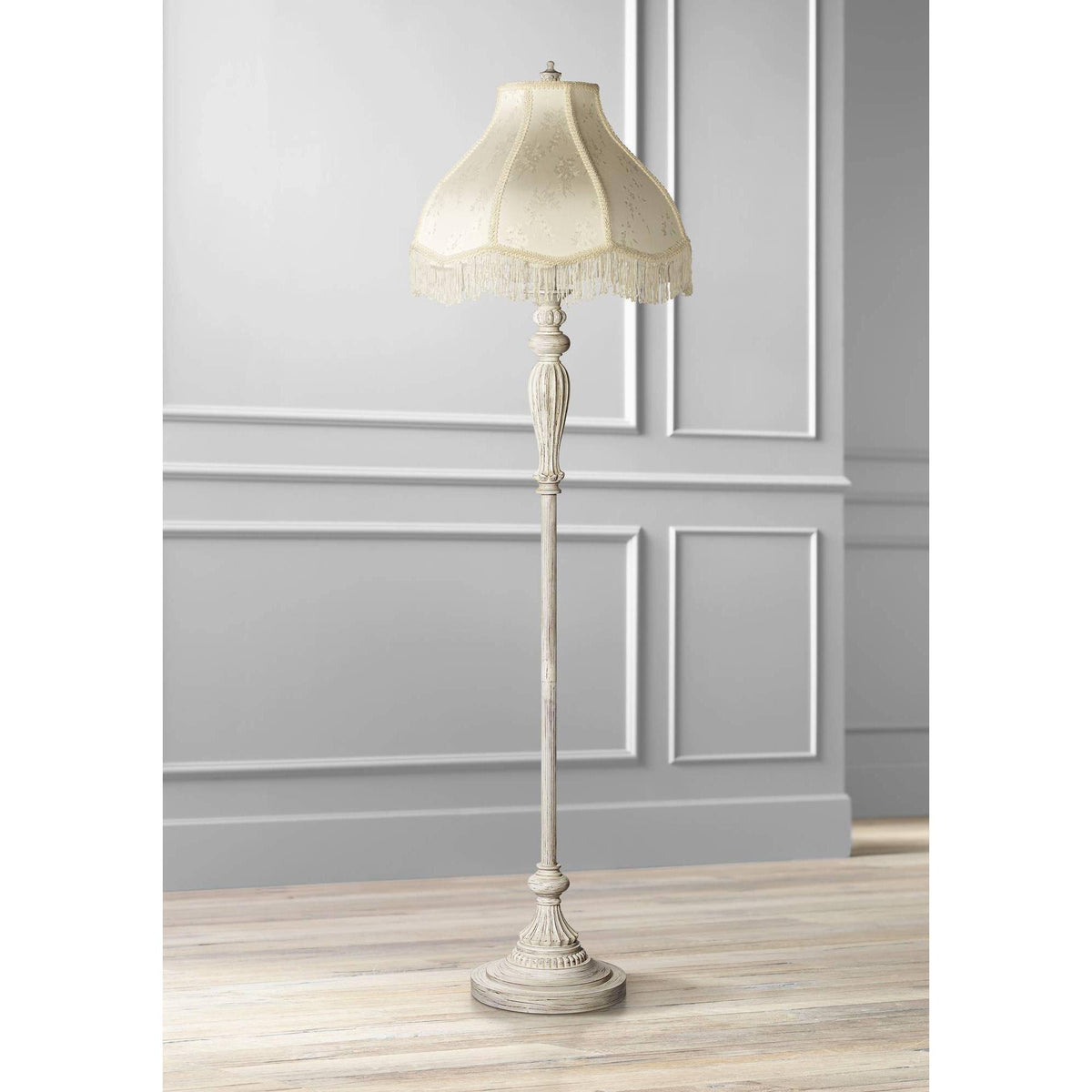 Antique White Cream Scallop Fabric Dome Shade Floor Lamp V8722