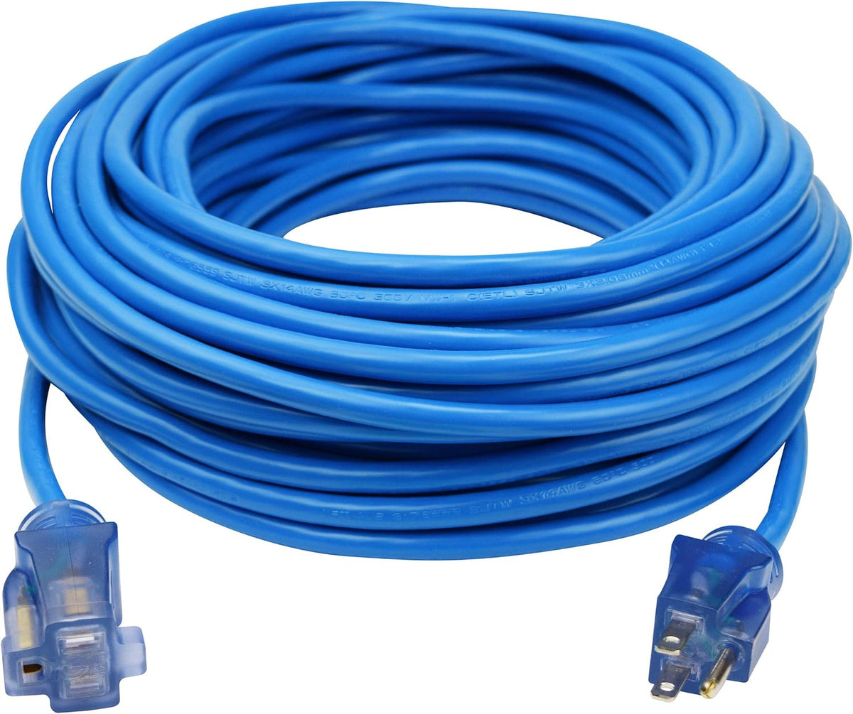 100ft 14/3 SJTW Blue Extreme Cold Weather Extension Cord with Power Indicator Light D497