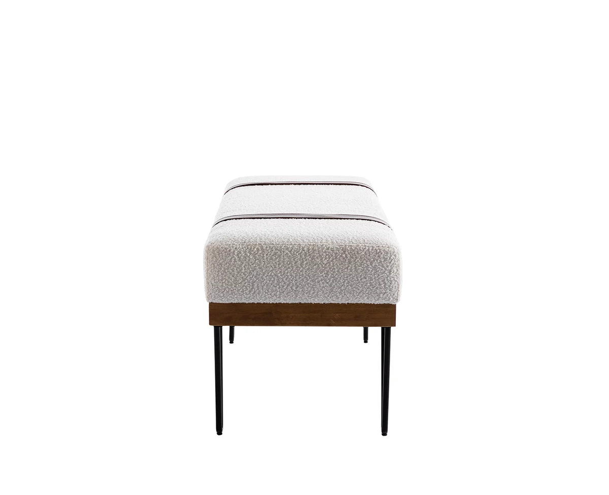 White Faux Fur Upholstered Ottoman Bench with Metal Legs E8972